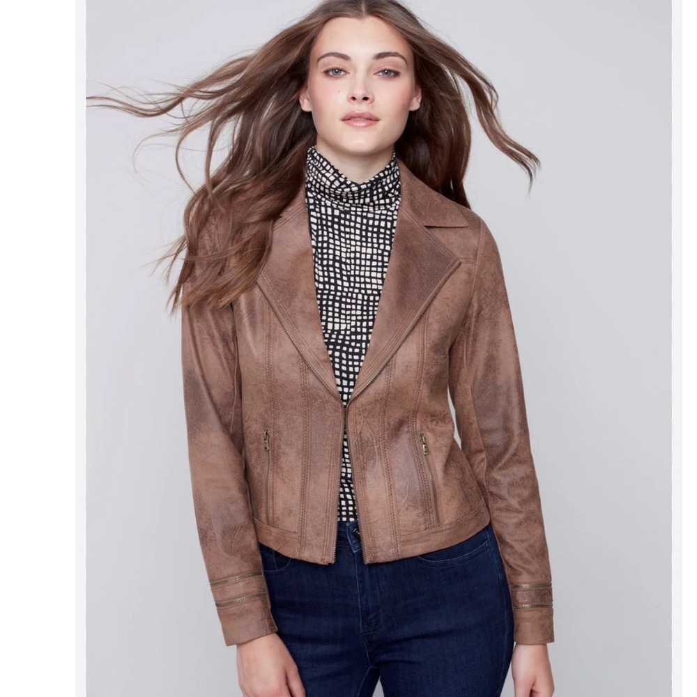 Charlie B Coated Faux Suede Moto Jacket With Zipper Detail Cuffs Women's Large